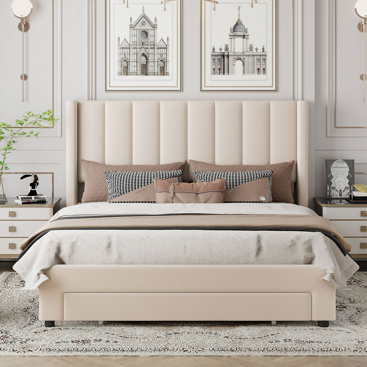 Queen Upholstered Platform Bed with Storage Drawer