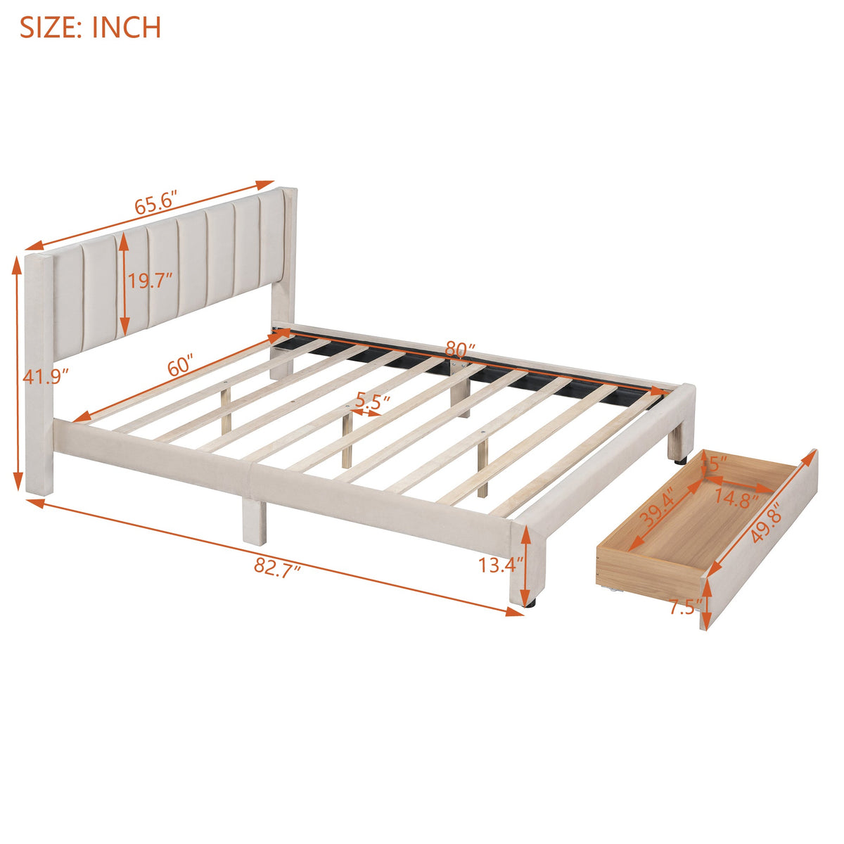 Queen Upholstered Platform Bed with Storage Drawer