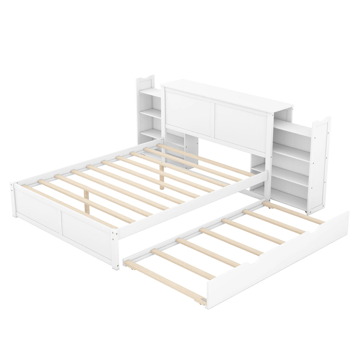 Queen Storage Bed with Twin XL Trundle & Bookshelves
