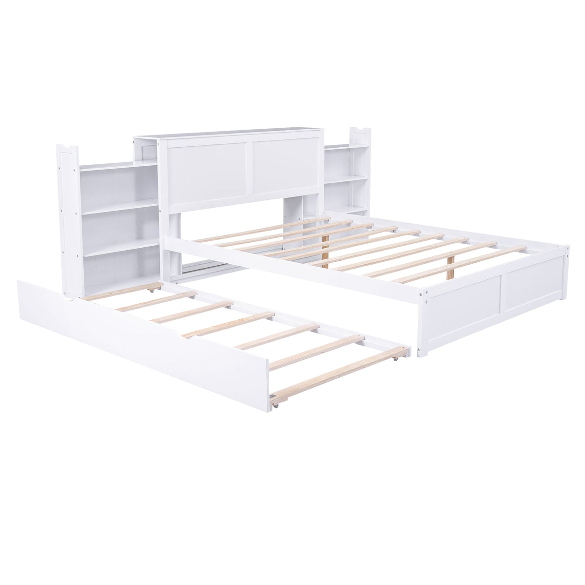 Queen Storage Bed with Twin XL Trundle & Bookshelves