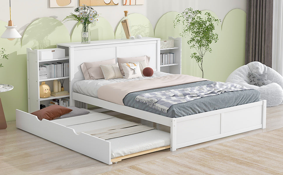 Queen Storage Bed with Twin XL Trundle & Bookshelves