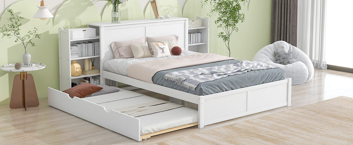 Queen Storage Bed with Twin XL Trundle & Bookshelves