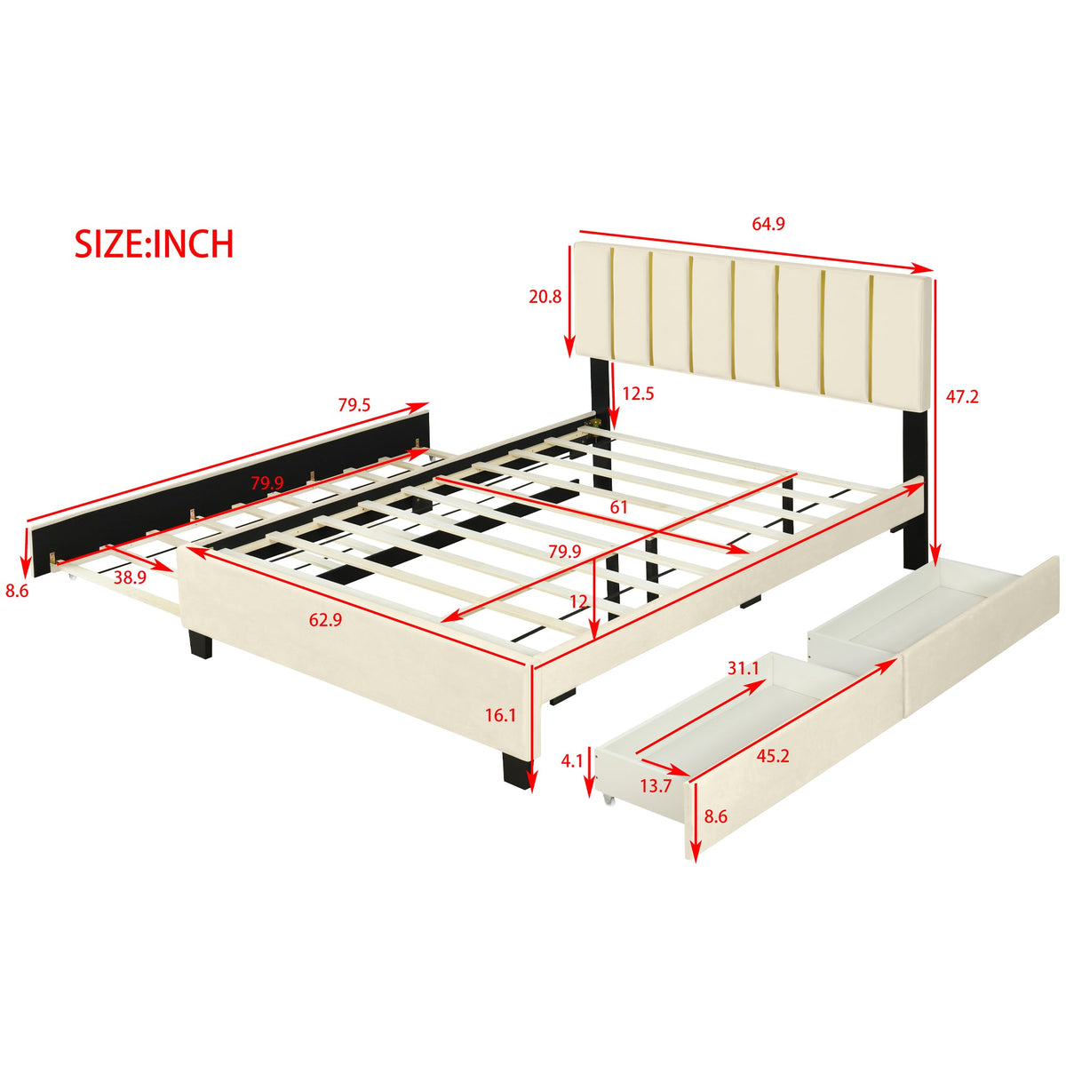 Queen Platform Bed with Storage Drawers and Trundle