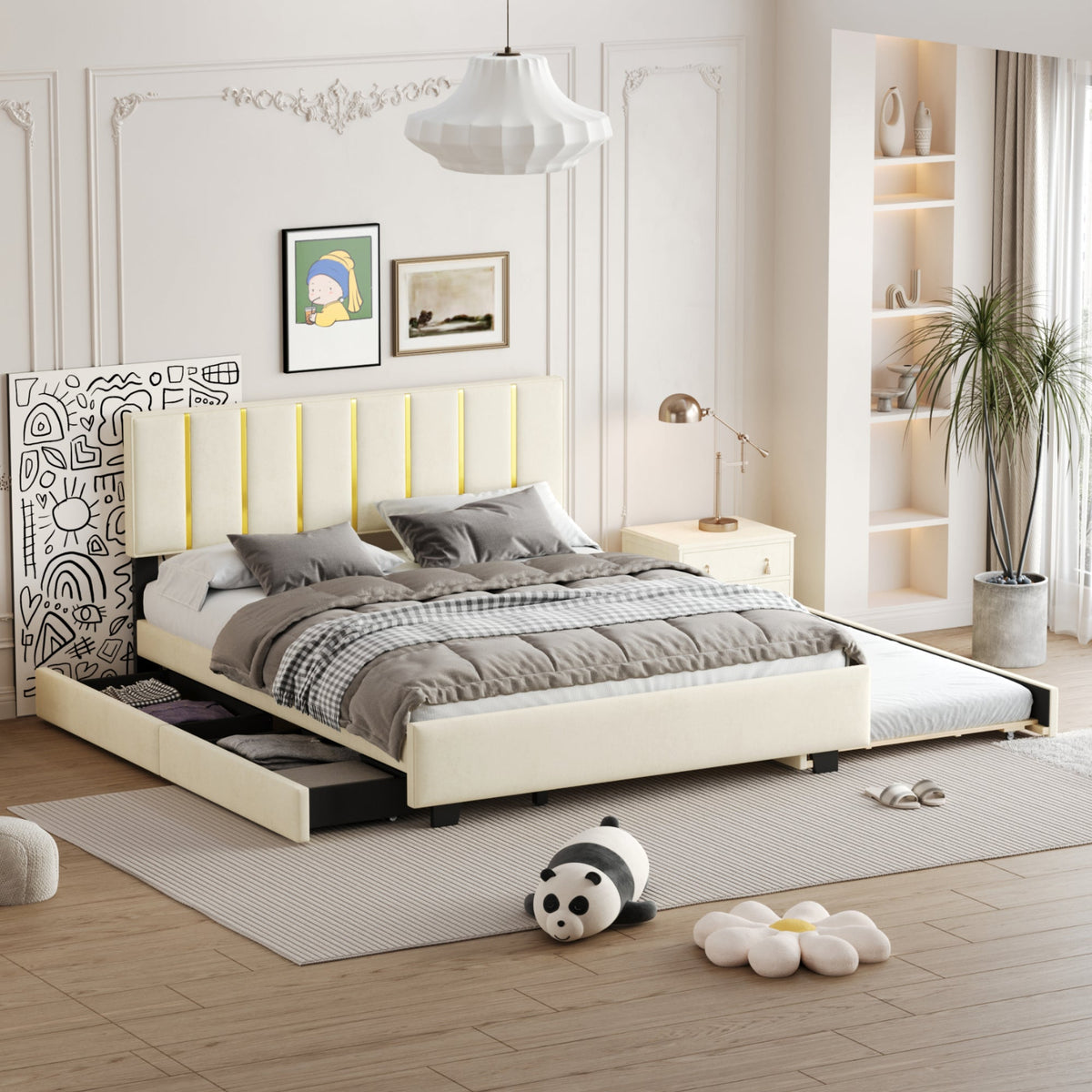 Queen Platform Bed with Storage Drawers and Trundle