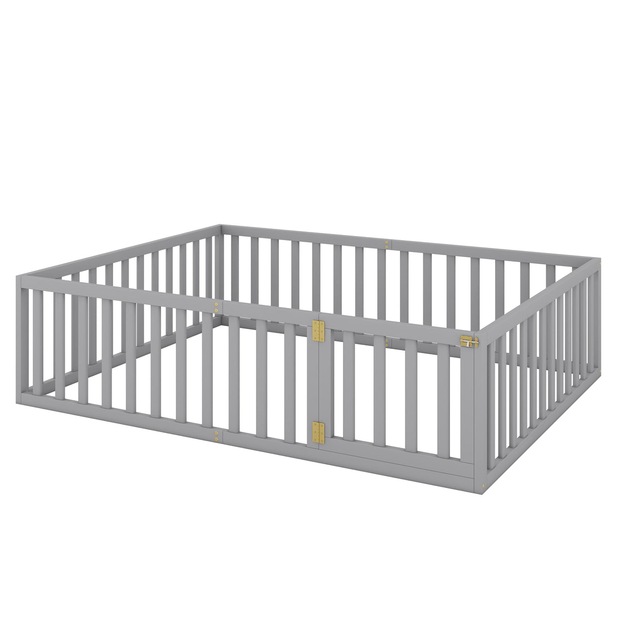 Queen Floor Bed Frame with Gate for Toddlers, Gray Wood