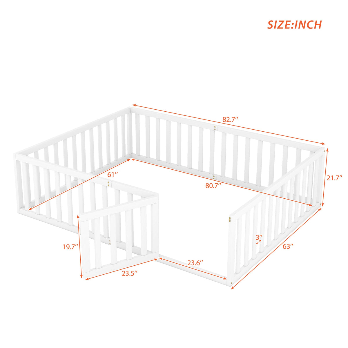 Queen Floor Bed Frame with Guardrails and Gate, White