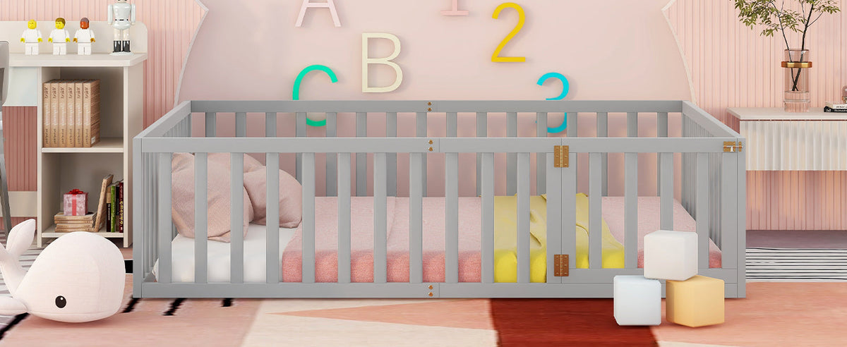 Queen Floor Bed Frame with Gate for Toddlers, Gray Wood