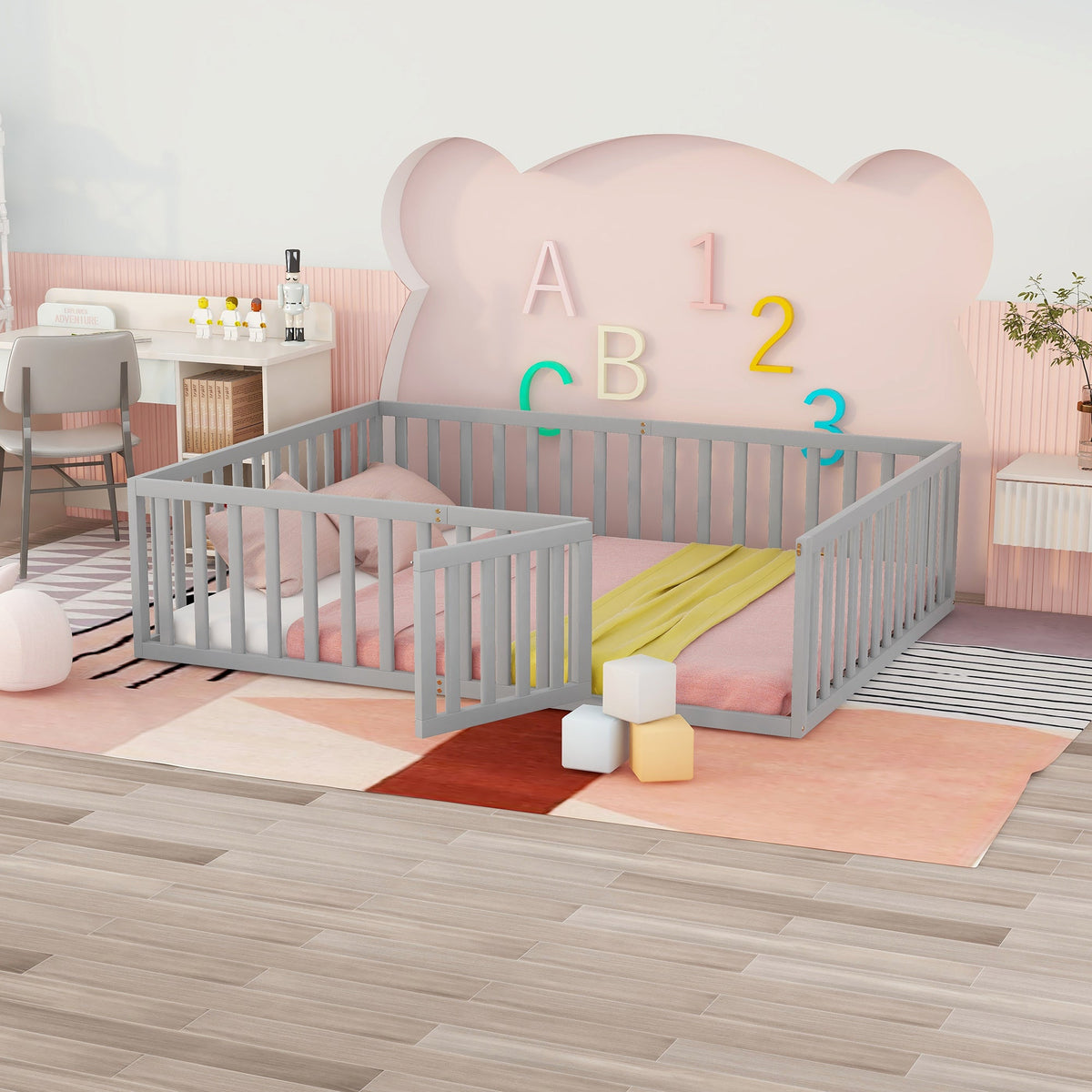 Queen Floor Bed Frame with Gate for Toddlers, Gray Wood
