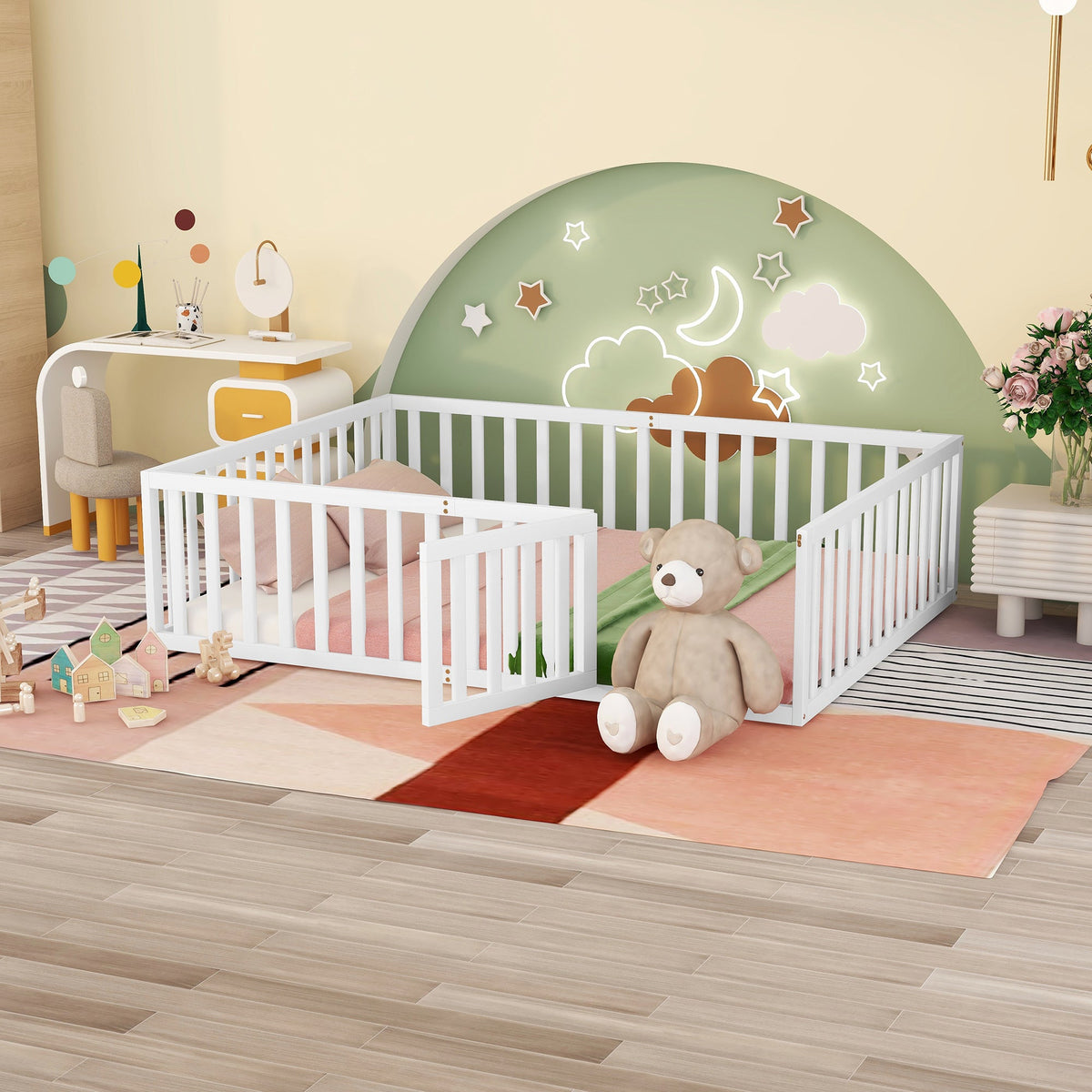 Queen Floor Bed Frame with Guardrails and Gate, White