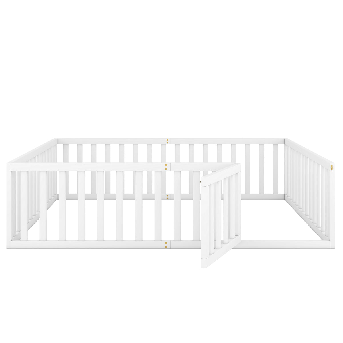 Queen Floor Bed Frame with Guardrails and Gate, White