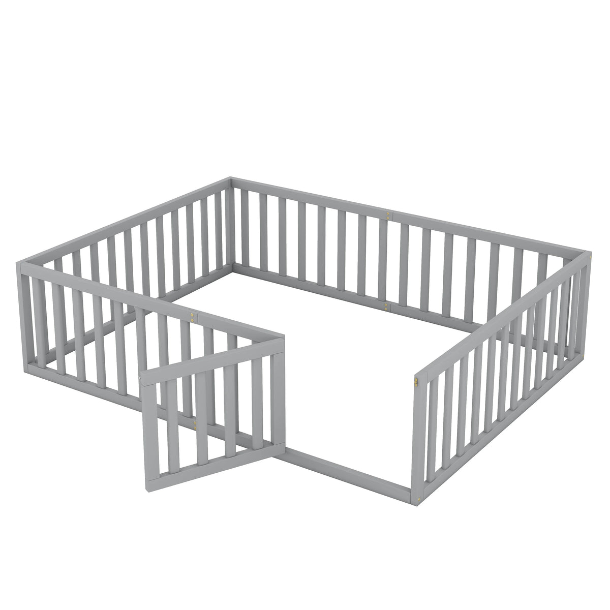 Queen Floor Bed Frame with Gate for Toddlers, Gray Wood