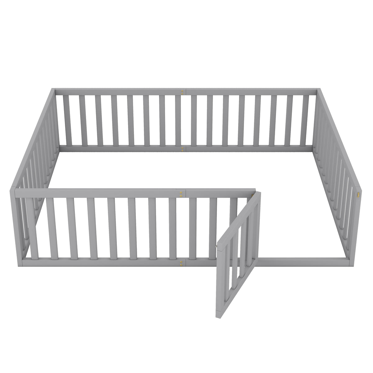 Queen Floor Bed Frame with Gate for Toddlers, Gray Wood