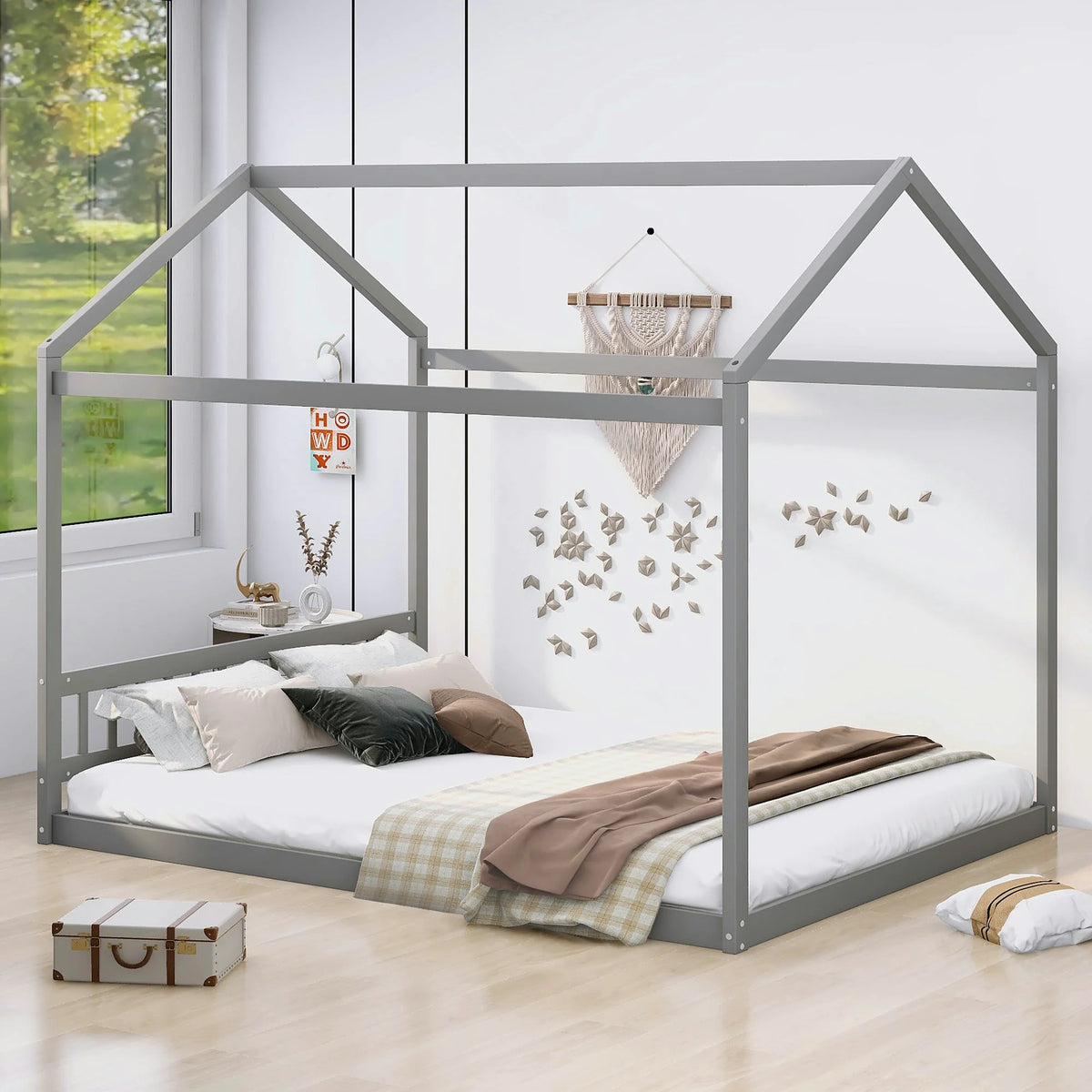 Queen Wooden House Bed Frame with Headboard in Gray