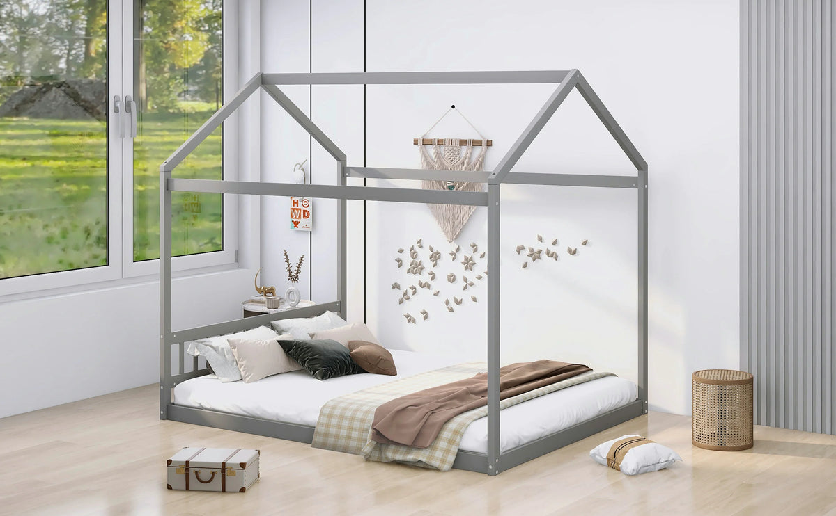 Queen Wooden House Bed Frame with Headboard in Gray