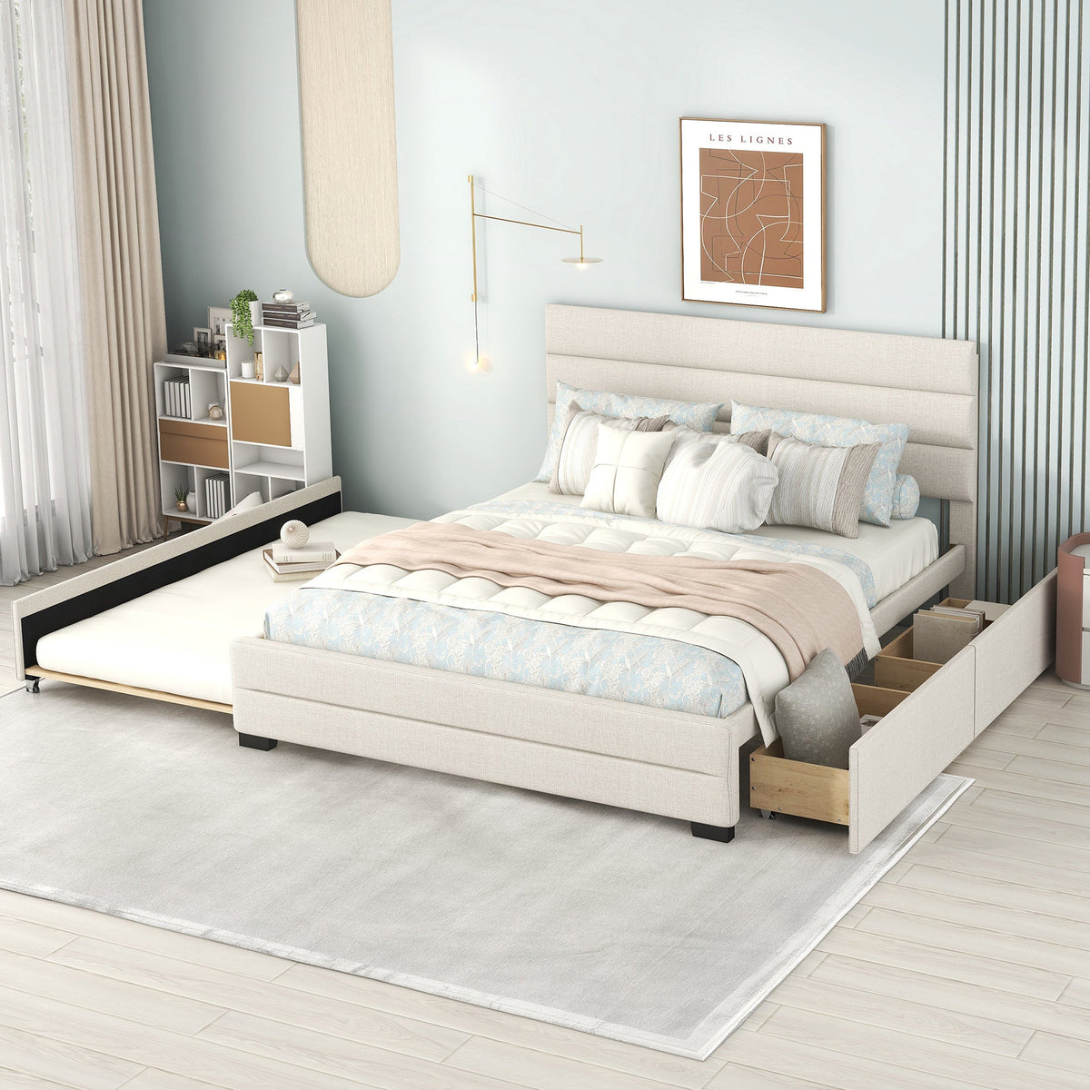 Queen Platform Bed With Trundle and Drawers, Beige