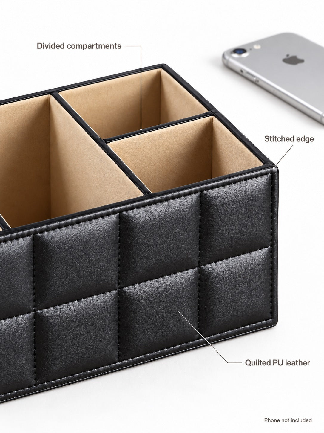Quilted PU Leather Desk Organizer for Remotes and Phones