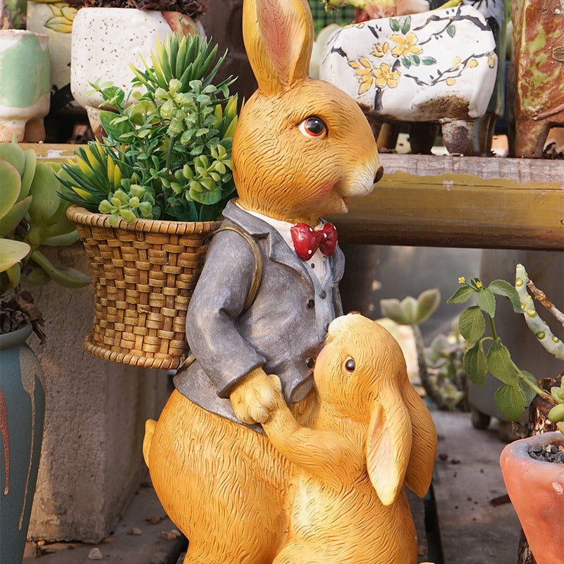 Rabbit Garden Sculpture With Built-In Flower Baskets