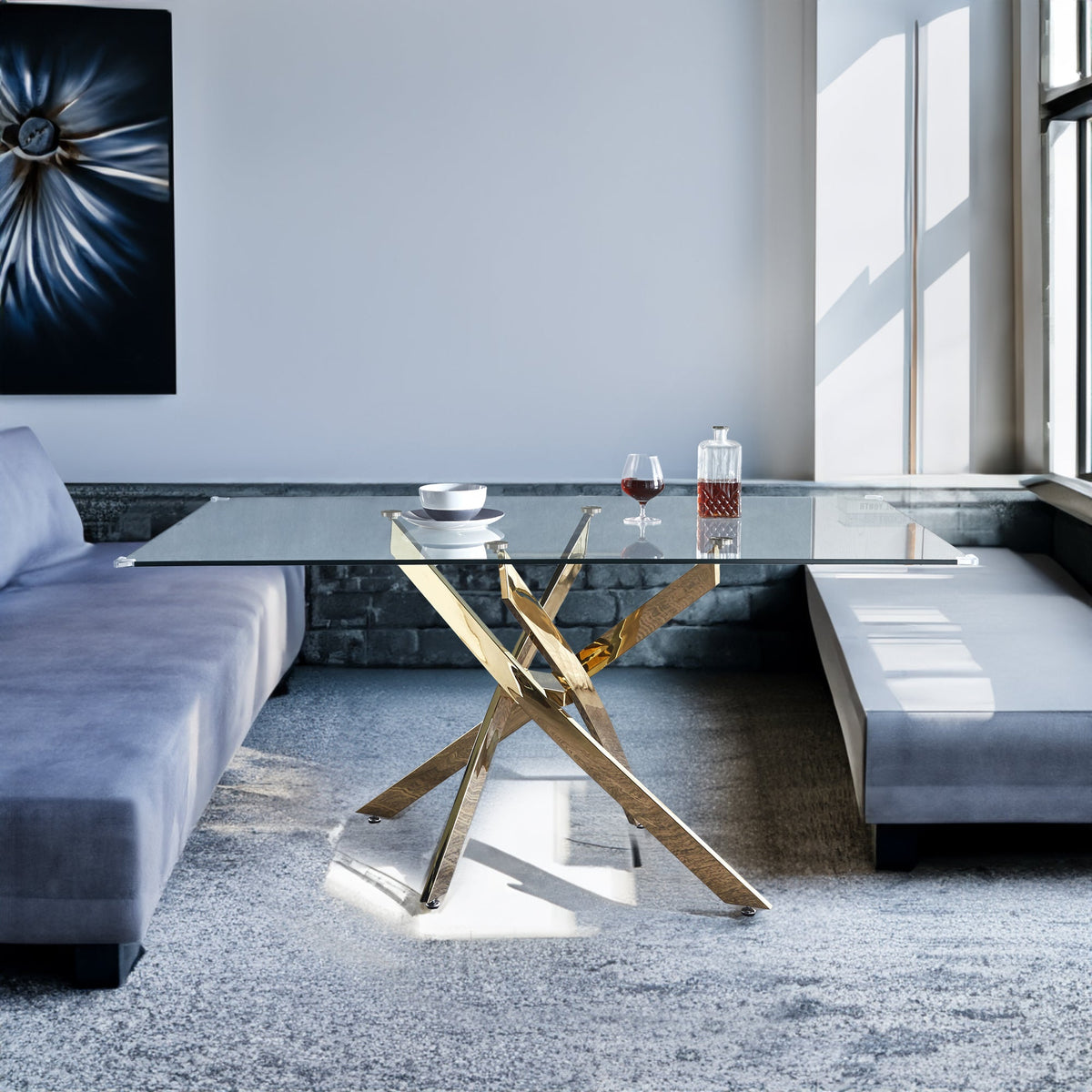 Modern Rectangular Glass Dining Table for 6 with Gold Base