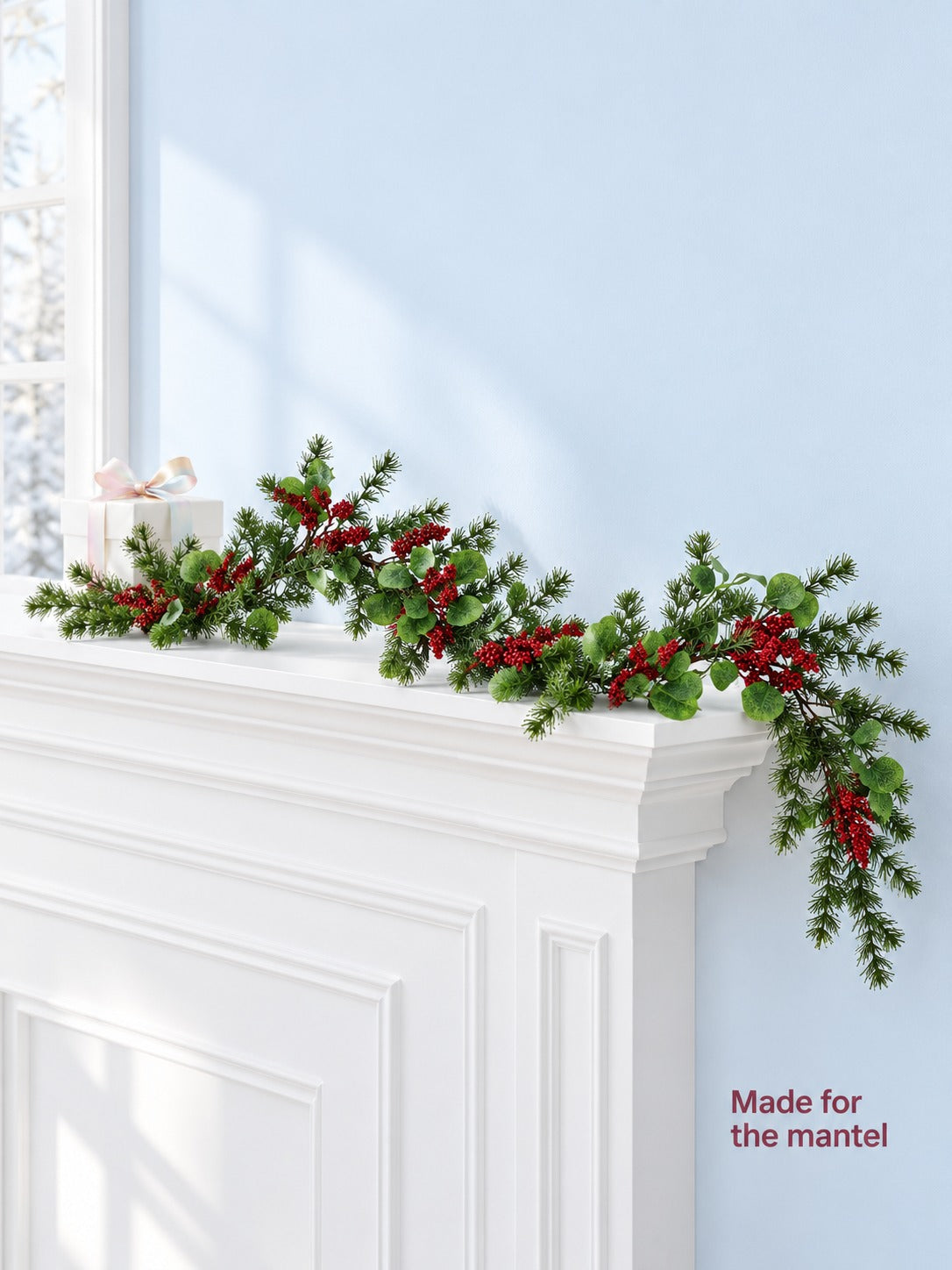 Red Berry Christmas Garland for Mantel, 5 Ft Length