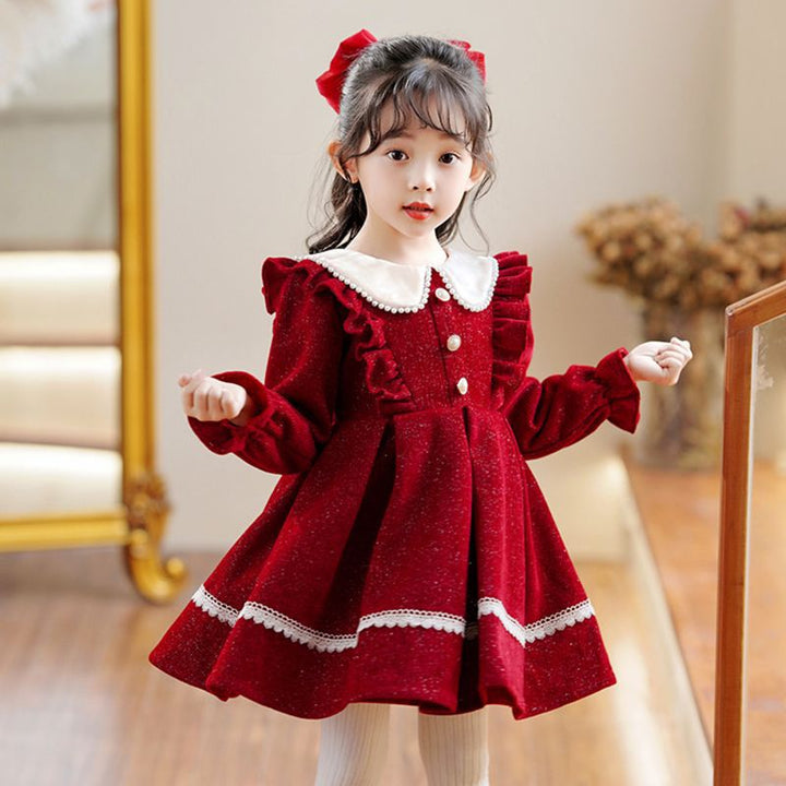 Girls' Red Princess Dress With Lace Trim for Autumn