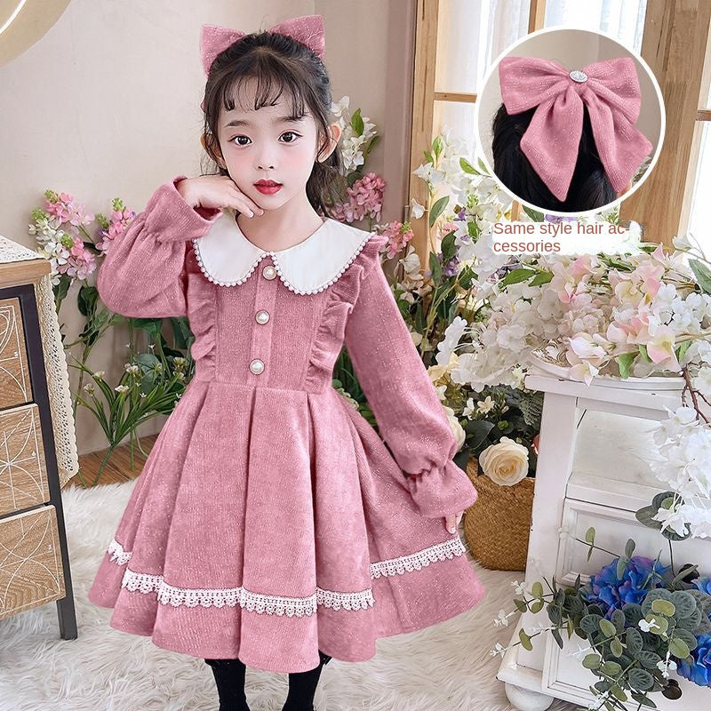 Girls' Red Princess Dress With Lace Trim for Autumn