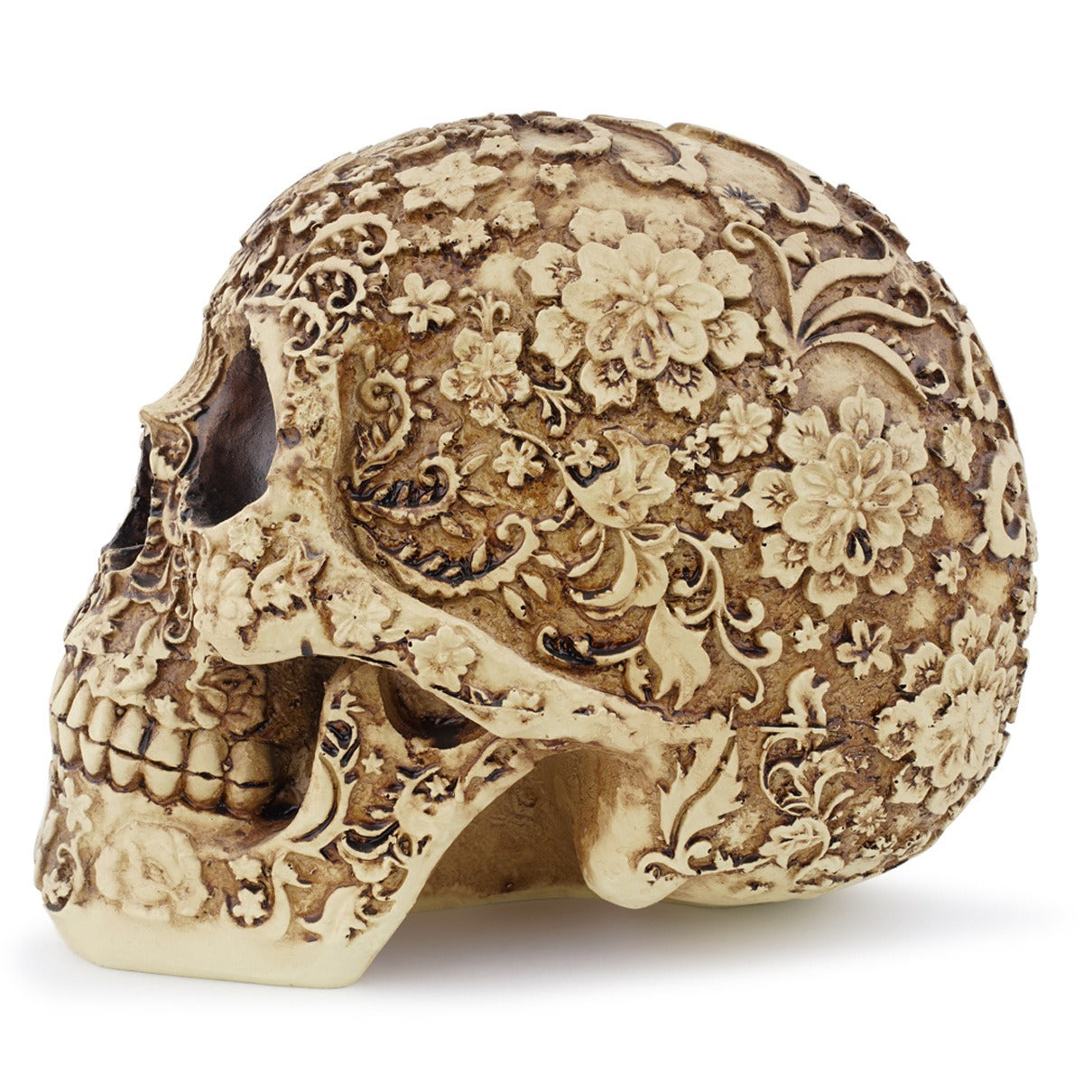 Carved Resin Skull Decor With Antique Floral Detail