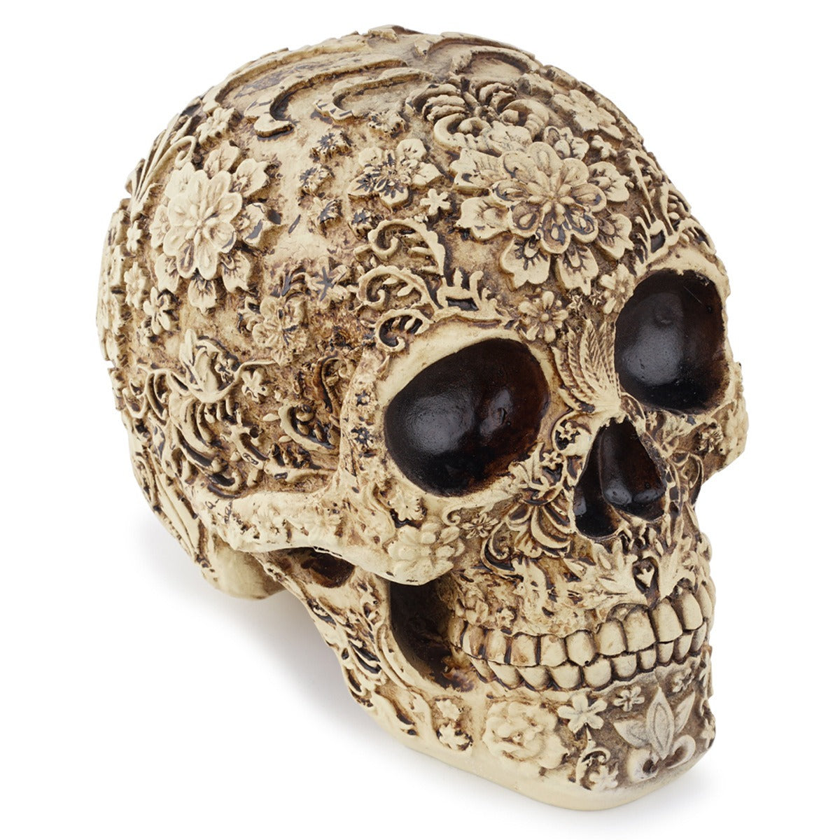 Carved Resin Skull Decor With Antique Floral Detail