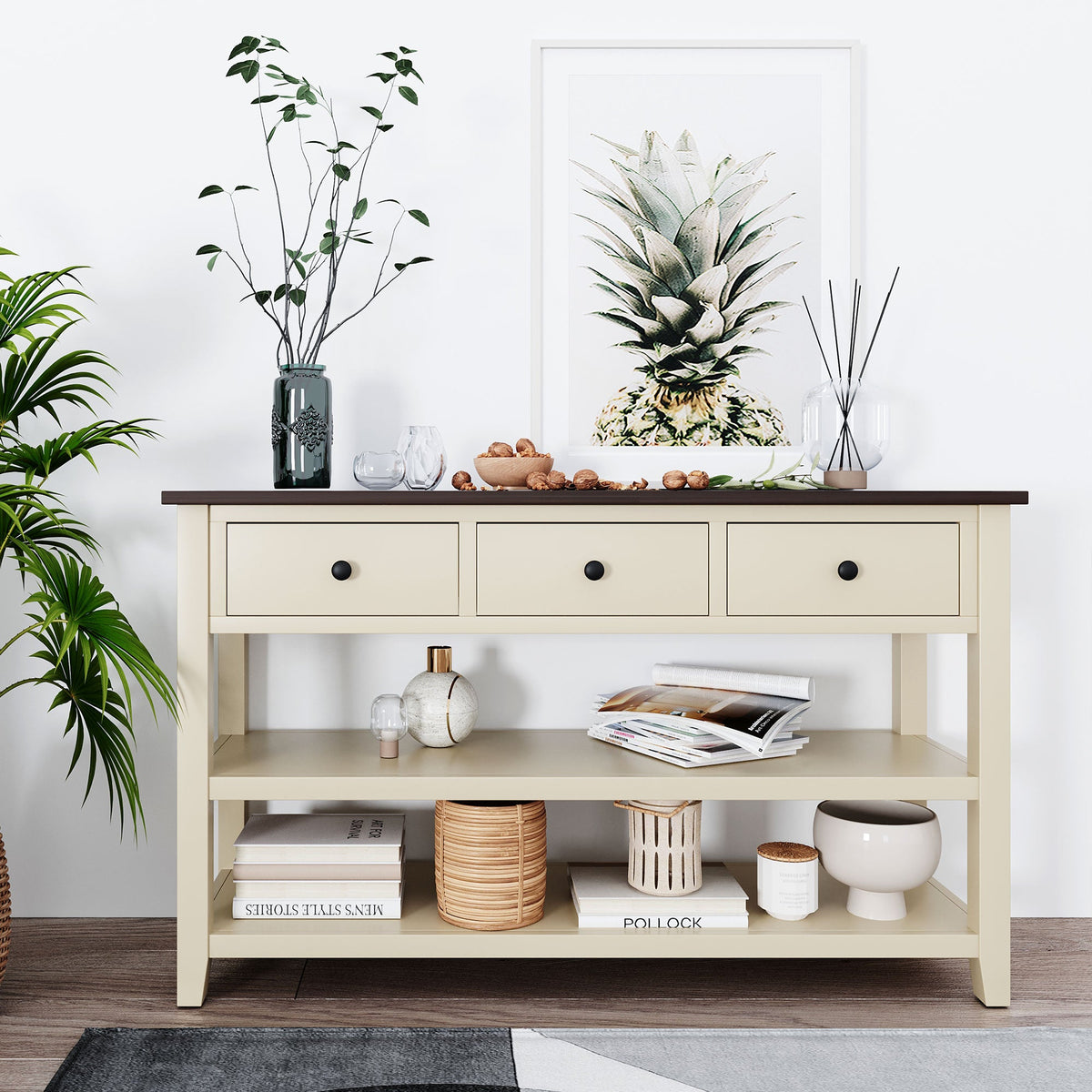 Solid Pine Console Table with Drawers and Shelves