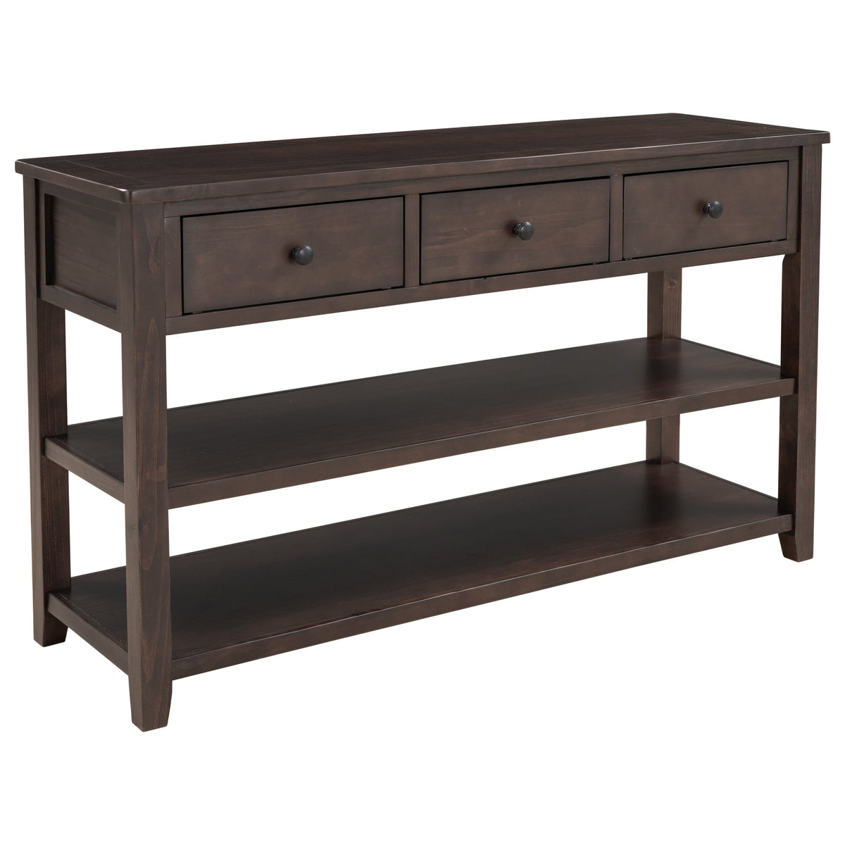 Espresso Solid Pine Console Table with Drawers & Shelves