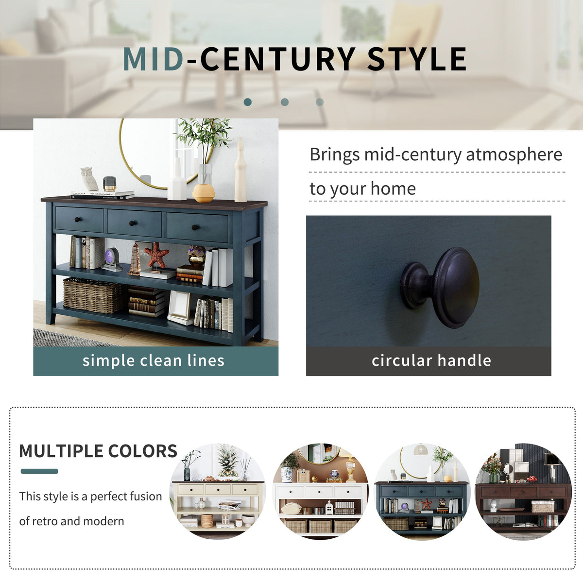 Navy Retro Console Table with Drawers and Open Shelves