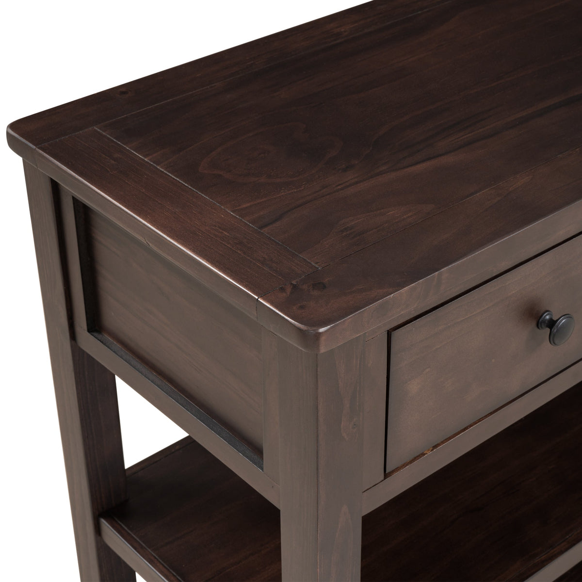 Espresso Solid Pine Console Table with Drawers & Shelves
