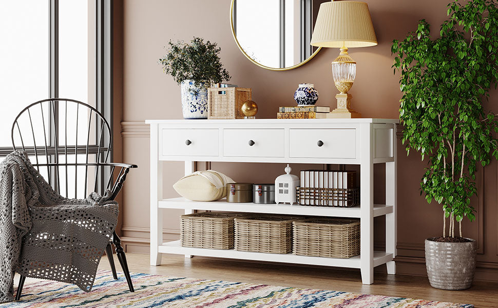 Retro Pine Console Table with Drawers and Shelves