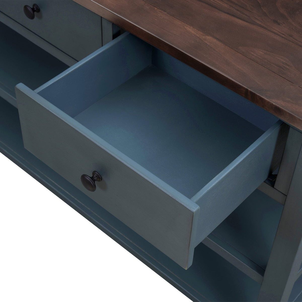 Navy Retro Console Table with Drawers and Open Shelves