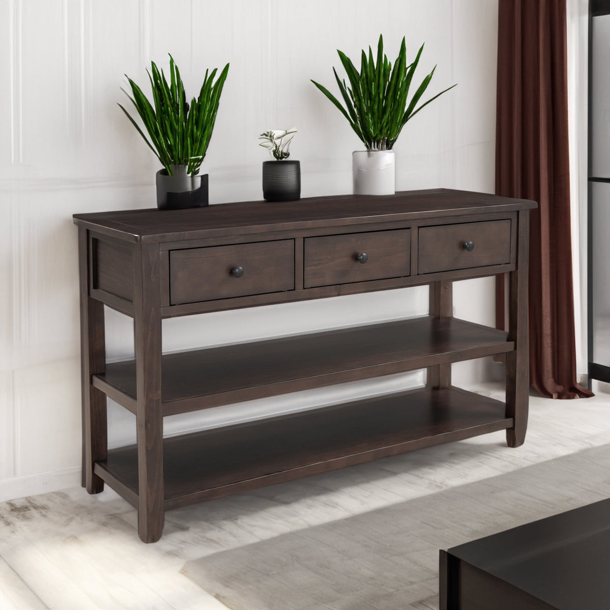 Espresso Solid Pine Console Table with Drawers & Shelves
