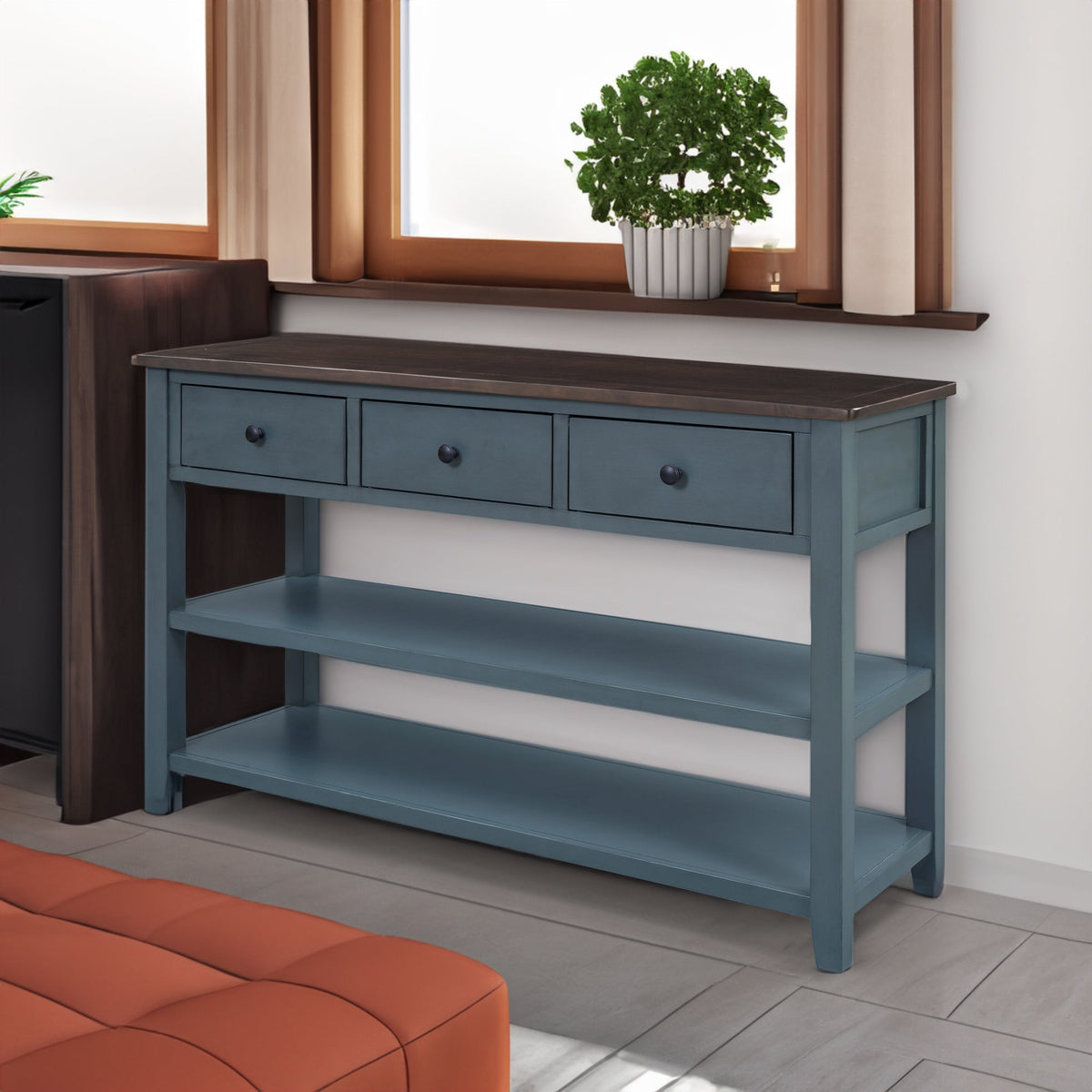 Navy Retro Console Table with Drawers and Open Shelves