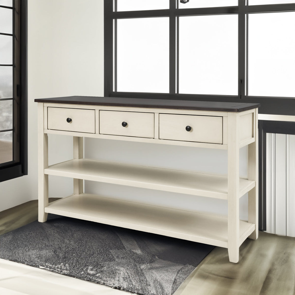 Solid Pine Console Table with Drawers and Shelves
