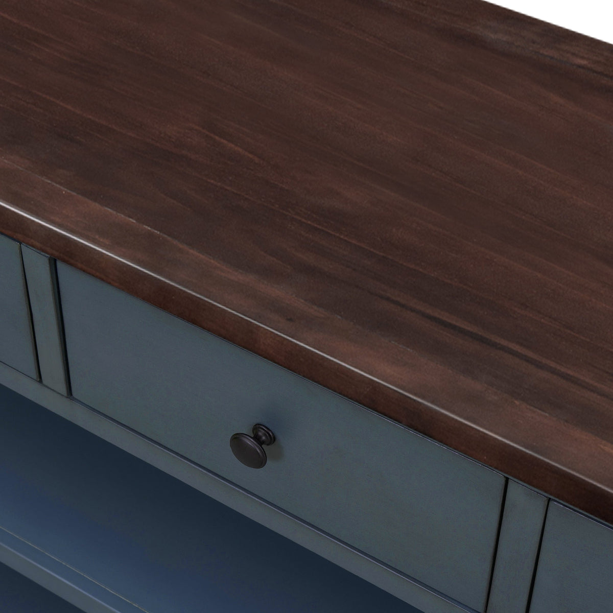 Navy Retro Console Table with Drawers and Open Shelves