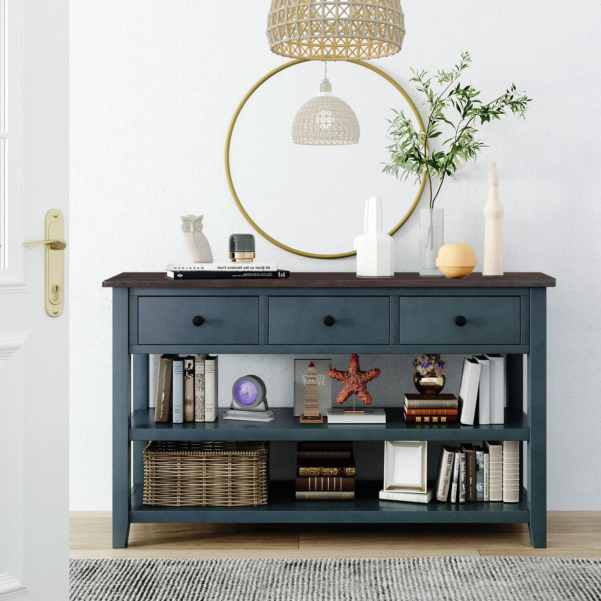 Navy Retro Console Table with Drawers and Open Shelves