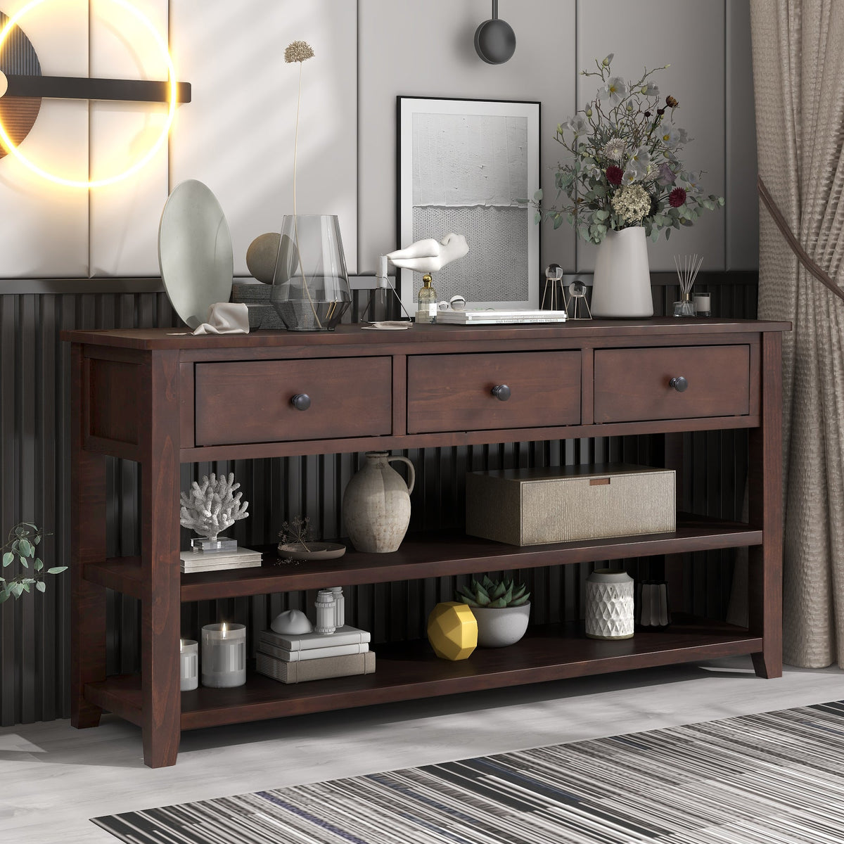 Espresso Solid Pine Console Table with Drawers & Shelves