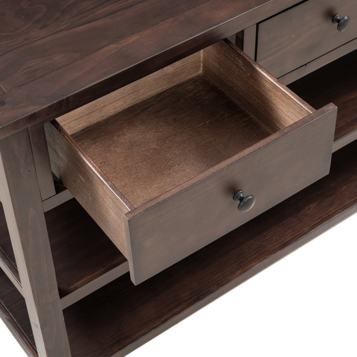 Espresso Solid Pine Console Table with Drawers & Shelves