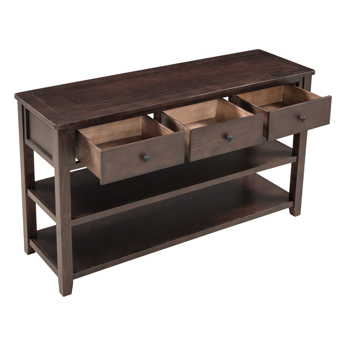 Espresso Solid Pine Console Table with Drawers & Shelves