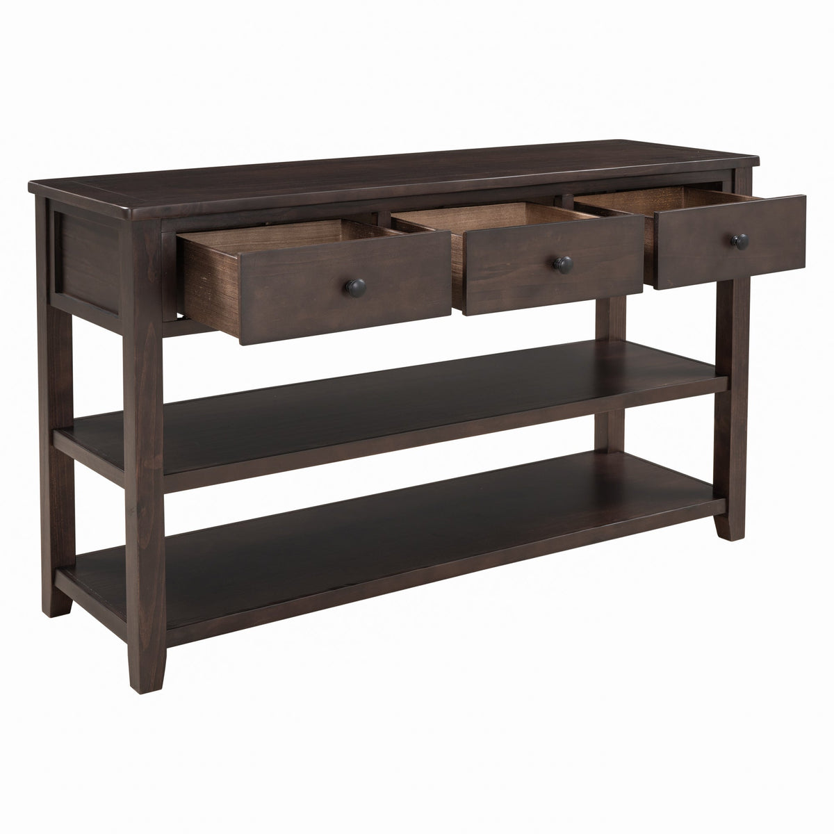 Espresso Solid Pine Console Table with Drawers & Shelves