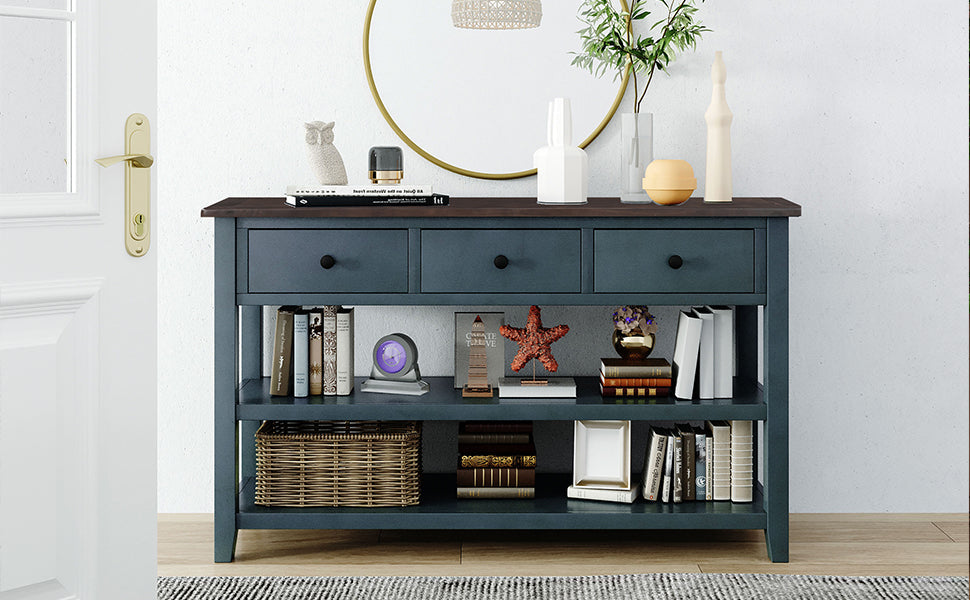 Navy Retro Console Table with Drawers and Open Shelves