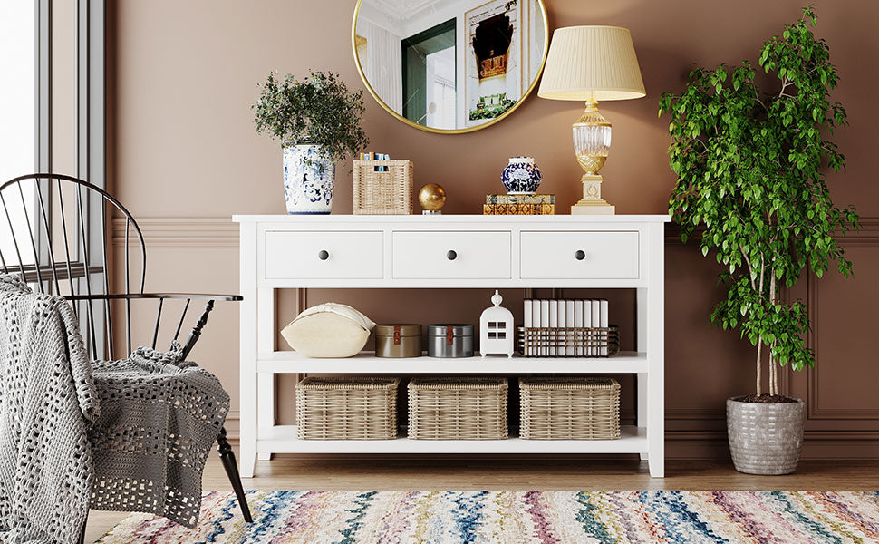 Retro Pine Console Table with Drawers and Shelves