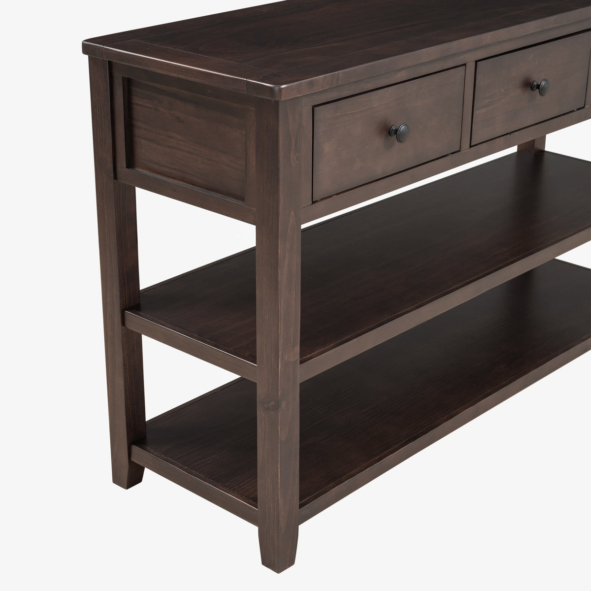 Espresso Solid Pine Console Table with Drawers & Shelves