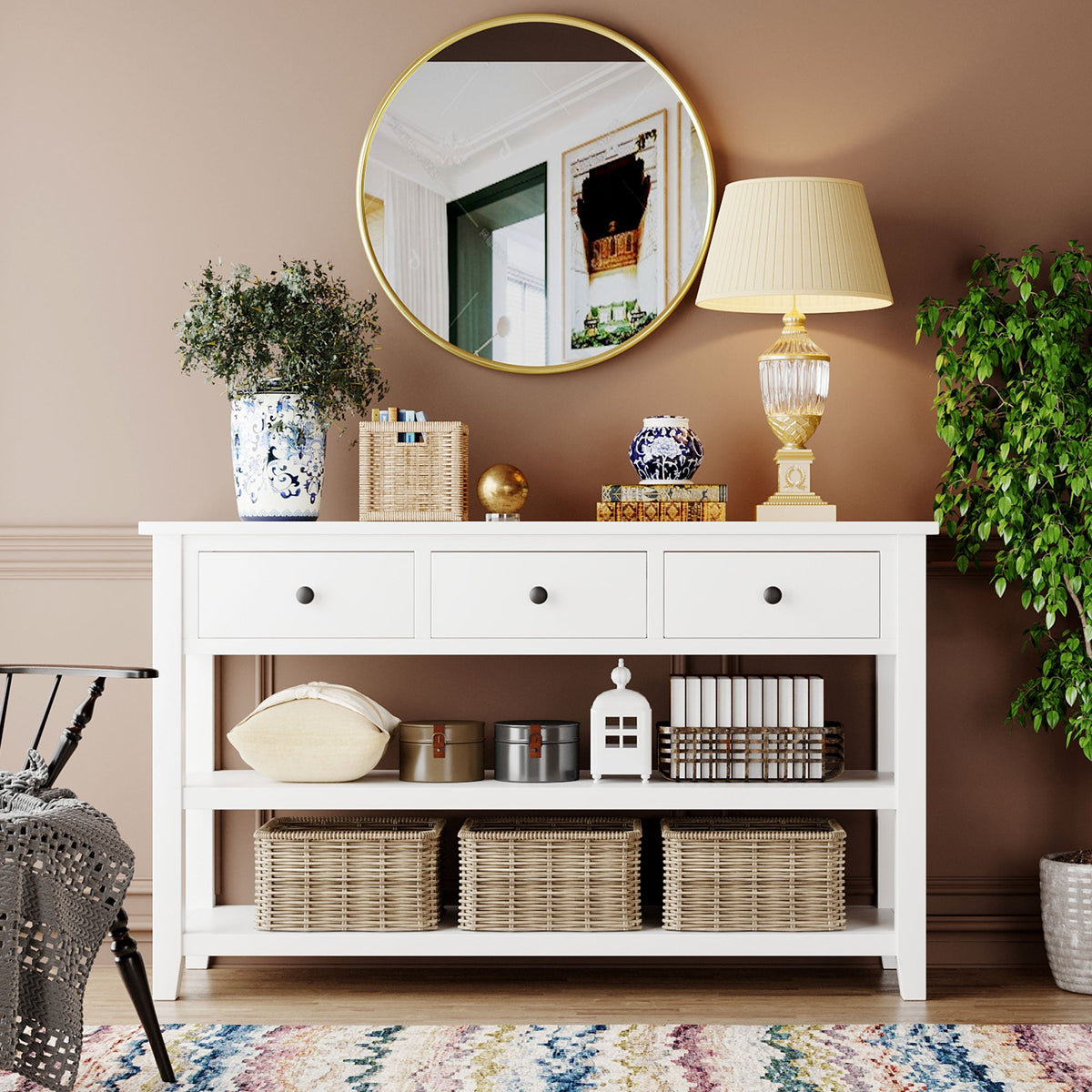Retro Pine Console Table with Drawers and Shelves