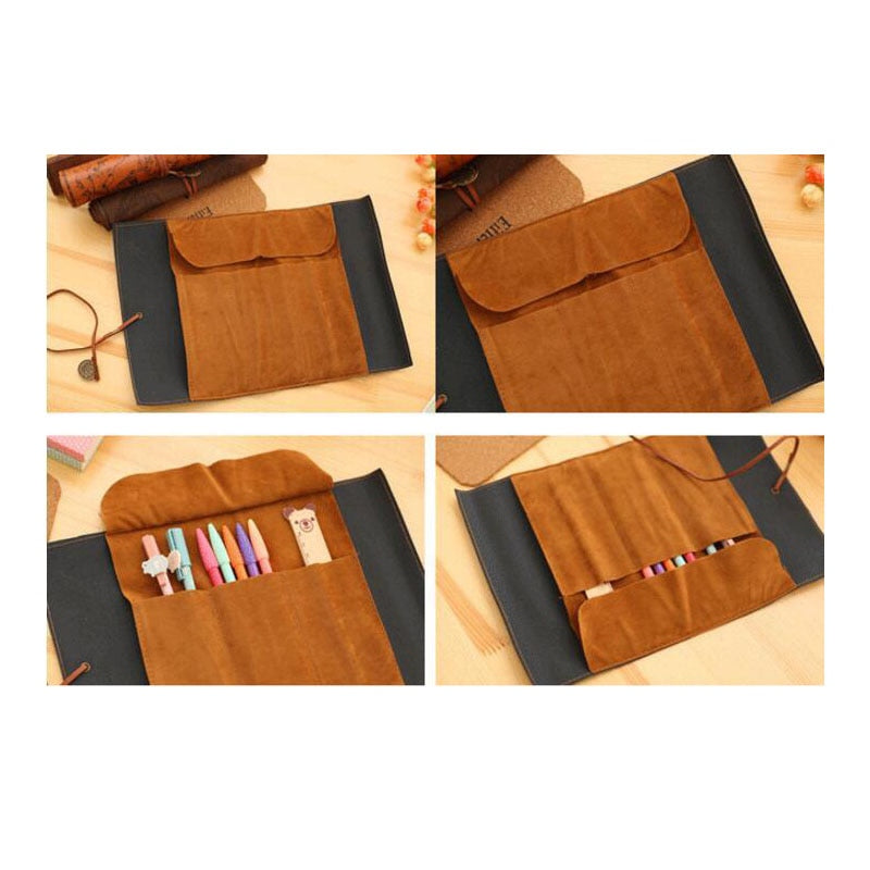 Retro Leather Pencil Case Roll-Up with Vintage Map Print