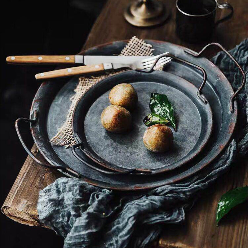Vintage Wrought Iron Round Serving Tray With Handles