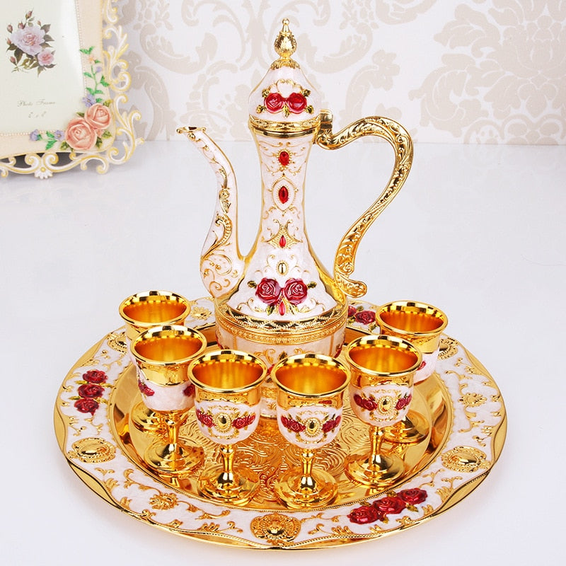 Rose Enamel Wedding Wine Set: Ewer, Tray & 6 Goblets