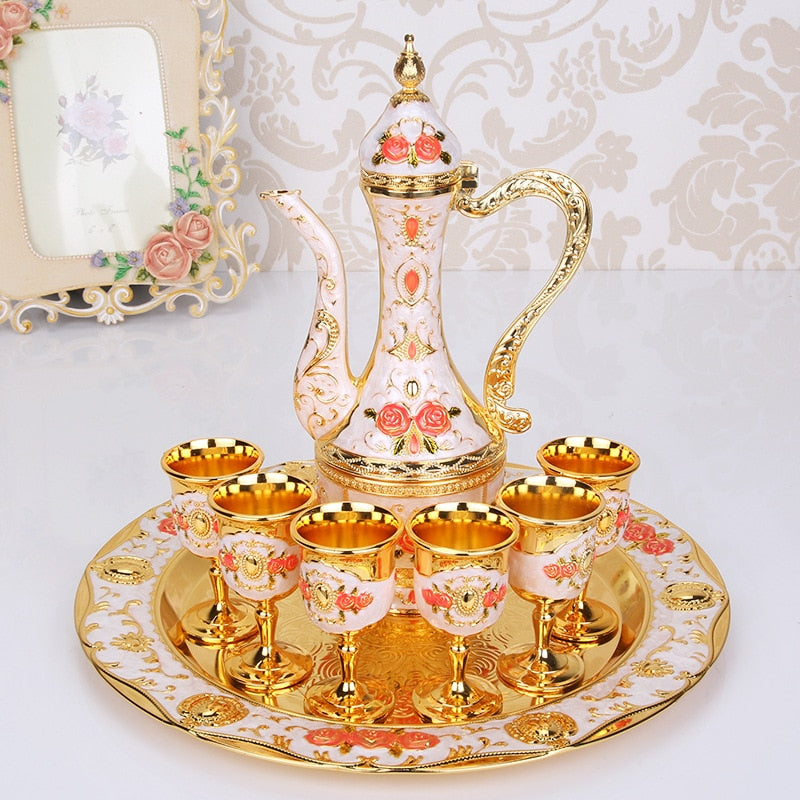 Rose Enamel Wedding Wine Set: Ewer, Tray & 6 Goblets